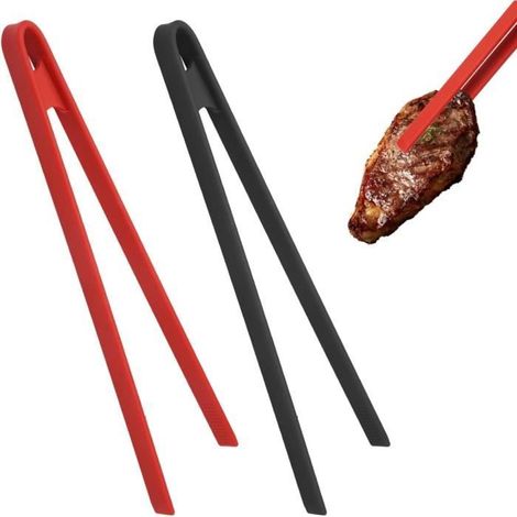 1 pince de cuisine silicone, résistante à la chaleur, noir et rouge, 29 cm, multi-usages pour barbecue et friture (1/4)