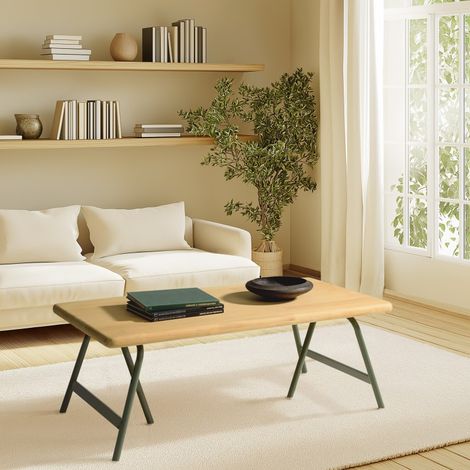 HELENA - Table basse plateau en bois pin pieds tréteaux en métal vert (1/5)