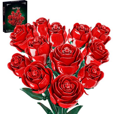 Bouquet de 12 Roses Rouges en Briques,Fleurs Artificielles Éternelles Collection Botanique,Décoration Florale DIY Tige Réglable, Anniversaire,Vase Non Inclus (1/5)
