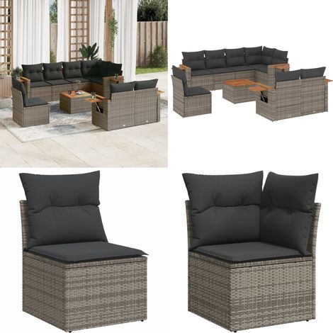 9-tlg. Garten-Sofagarnitur mit Kissen Grau Poly Rattan - Gartenmöbel - Lounge Set - Rattan Möbel - Outdoor Möbel - Esszimmergarnitur - Home & Living (1/5)