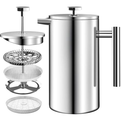 Cafetière à piston en acier inoxydable 1 litre (34 oz) avec système de filtration à 3 niveaux - Cafetière à double paroi isolée avec 1 filtre supplémentaire (argent) (1/5)