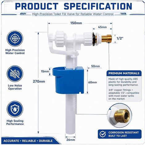 Toilet Flush Float for Flushing G3/8" and G1/2", Adjustable Toilet Flush Tap Mechanism, Side Supply Connection, Adjustable Water Quantity (1/2)