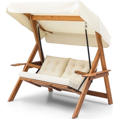 Balançoire de jardin 2 places Amso Pin massif clair et Tissu capitonné imperméable Blanc crème (1/5)