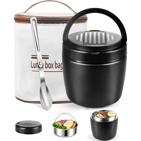 Lunch Box Isotherme 1200 ml. Double paroi inox. Thermos Alimentaire Chaud avec Cuillère. Boite Repas Isotherme Étanche. Pour Repas, Soupes, Déjeuners. Usage Extérieur/Bureau(Noir) (1/5)