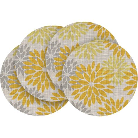Lot de 4 sets de table ronds PVC, motif dahlias jaunes, 36 cm, résistants aux taches et à la chaleur. (1/5)