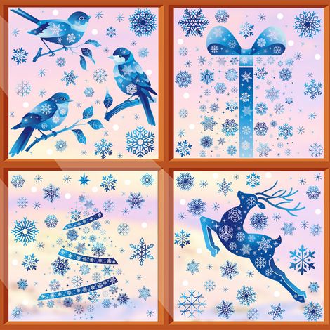 Adorables autocollants statiques pour vitres : pingouins, oiseaux, rennes, Père Noël, flocons de neige. Décorations de Noël pour vitres - [Quatre ensembles] 440-443