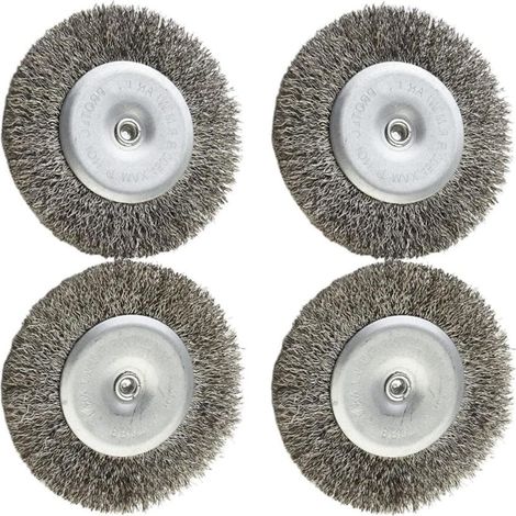 Juego de 4 cepillos de alambre rotativos, 100 mm, acero inoxidable, para lijar, decapar y eliminar óxido, mango redondo en forma de T, color plata, 6 x 100 mm