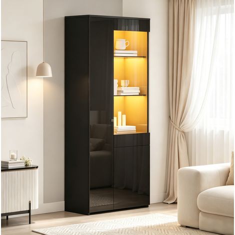 Vitrine 70 x 35 x 180 cm mit LED, 1 Schublade, Glastüren, schwarz HAVRYA (1/5)