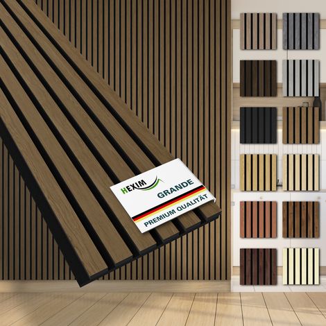 HEXIM Akustikpaneele 280x30cm Wandpaneele Grande Lamellen MDF Holz 0,85m² XXL Echtholzfurnier Wand 21mm Filz (1 Musterstück, Smoked Oak)