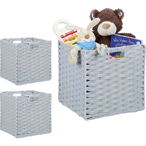 3 Cajas de almacenaje, Cestos cuadrados para el baño o habitación infantil, Efecto Trenzado, 31 x 32 x 30 cm, Gris