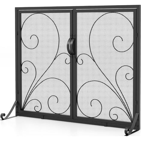 COSTWAY Pantalla de Chimenea de Puerta Doble 96 X 78 cm, Pantalla Protectora contra Incendios Plana, Soportes Delanteros y Traseros de Soporte Estable, Valla Metálica para Chimenea