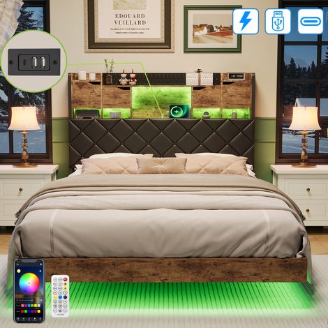 Lit 140x200 cm avec éclairage LED et USB Tpye C - Lit Flottant 2 Personnes - Sommier à Lattes - Tête de Lit Rembourrée avec Rangement - Cadre de Lit en Métal - PU - Noir (1/5)