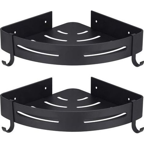 Scaffale angolare per doccia nero senza foratura, organizer per bagno, accessorio doccia, porta sapone in alluminio antiruggine, set da 2 con ganci (1/5)
