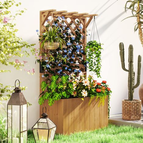 Blumenkasten mit Rankgitter, Massivholz, mit Abflusslöchern und Auskleidung, 64 x 33 x 122 cm, Naturholz (1/5)