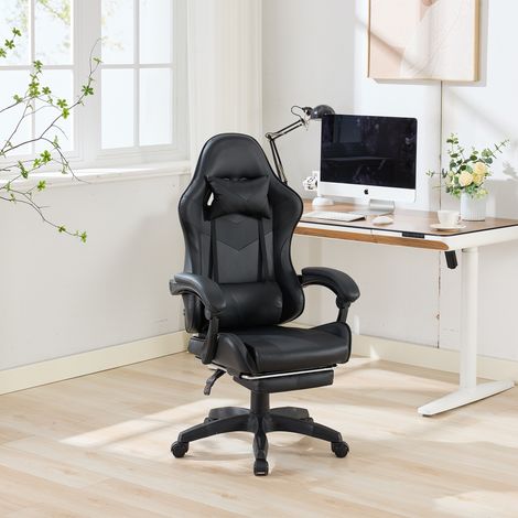 Fauteuil gamer ergonomique dossier haut 64×58×117–126,5 cm, simili cuir PVC , appui‑pieds et massage lombaire - noir (1/5)