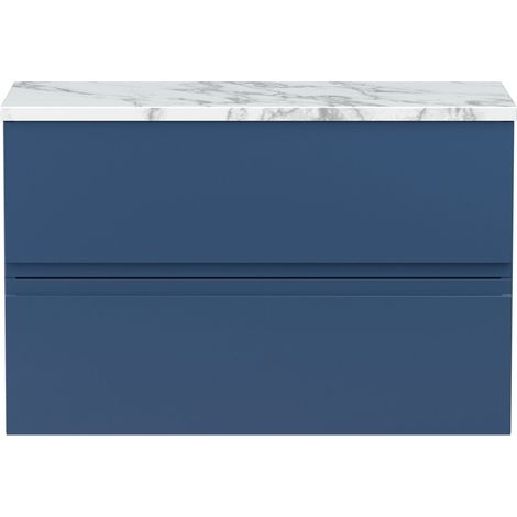 Hudson Reed Urban Wall Hung 2-Drawer Vanity Unit with Carrera Marble Worktop 800mm Wide - Satin Blue (1/3)