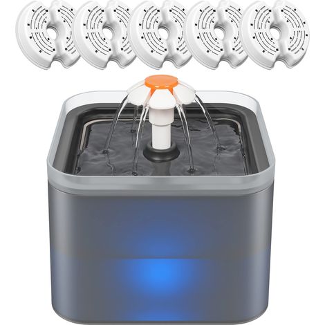 Fuente de agua para gatos y perros  de 2 litros con 5 filtros reemplazables, dispensador de agua silencioso para gatos, color gris.