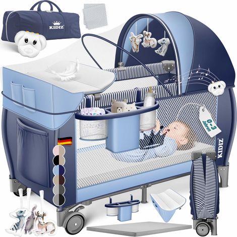KIDIZ® Babybett Reisebett Kinderreisebett Faltbar mit Matratze 120x60, Seiteneingang, Wickelauflage, Mosktionetz, Spielbogen & Tragetasche Baby Beistellbett Kinderbett ab Geburt bis 15 kg Blau