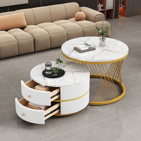 Set de 2 tables basses gigognes rondes, effet marbre blanc brillant, avec tiroirs, tables d'appoint modernes pour salon (1/5)