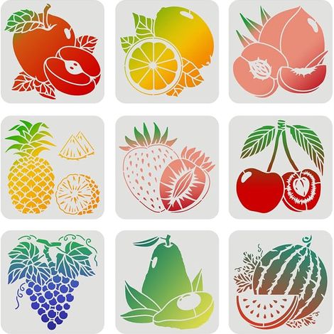 9Pcs Fruits Pochoirs 20x20cm en Plastique - Ananas, Citron, Pomme, Pastèque, Pêche, Poire, Cerise, Fraise, Raisin Réutilisables pour Peinture sur Bois, Sol, Mur et Carrelage (1/5)