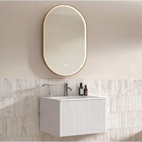 Conjunto de baño suspendido blanco con lavabo integrado, cajón y espejo LED 50 x 80 cm OKWISH (1/5)