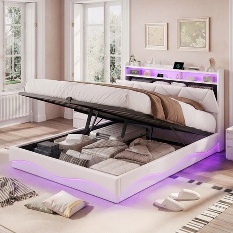lit coffre 160x200cm, Sommier à Lattes, avec port USB et LED, rangement de tête de lit, avec levier hydraulique, Beige velours