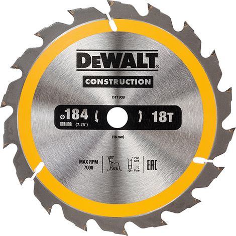 DEWALT Portable Construction Circular Saw Blade 184 x 16mm x 18T DEWDT1938QZ