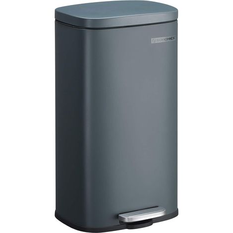 Songmics – Poubelle à pédale 30L en acier gris – Couvercle à fermeture douce – Seau intérieur amovible – Design compact pour cuisine