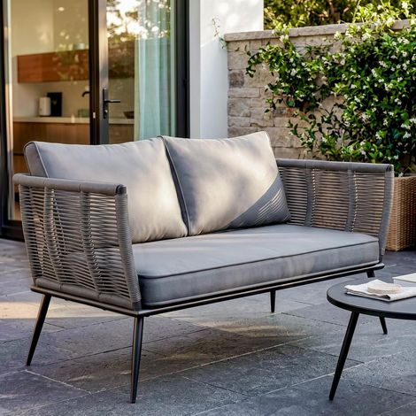2-Sitzer-Rattan-Lounge-Sofa mit Kissen, Gartenbank, Garten- und Innenmöbel, wetterfest – Grau (1/5)