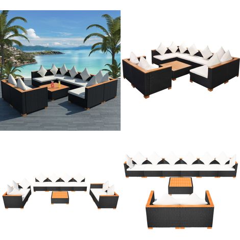 Salon de jardin 9 pcs avec coussins Résine tressée Noir - Canapé de jardin - Canapé en rotin