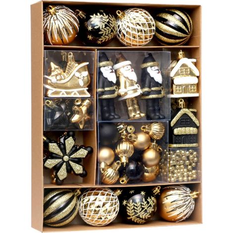 Juego de 50 adornos navideños de plástico irrompible para árbol de Navidad, decoraciones colgantes para la temporada navideña, color negro y dorado. (1/5)