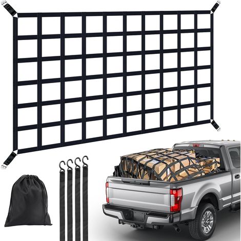 Filet de sécurité pour chargement de pick-up - 208 cm x 127 cm - Charge maximale : 500 kg - Avec fermetures à serrage réglables et crochets en S - Maille en nylon robuste à chevrons - Sac de rangement (1/5)