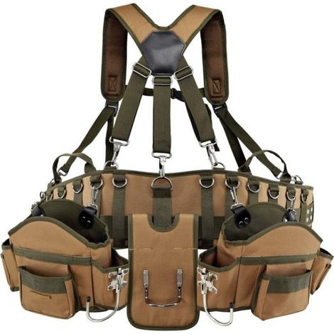 Ceinture à outils – Polyester résistant, 5 grandes poches – Ajustable – Tan et noir (1/4)