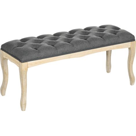 Banc Banquette capitonnée Style Classique 110 cm Bout de lit Rembourrée en lin piètement Bois hévéa sculpté Lin Gris