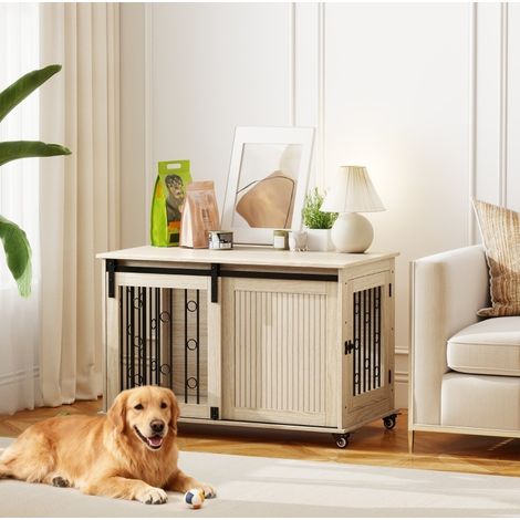 Jaula para perro con ruedas, puerta corredera, 100 x 56 x 65 cm, madera y acero HAVRYA (1/3)
