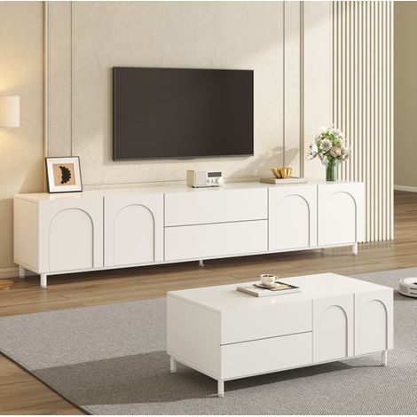 Ensemble meuble TV 180x40x48 cm et table basse 100x50x39,5 cm, rangement fermé, MDF et panneau blanc (1/5)