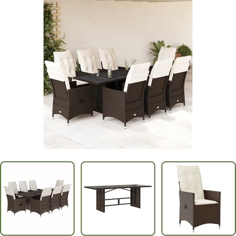 Gartentisch - 9-tlg. Garten-Essgruppe mit Kissen Braun Poly Rattan (1/5)