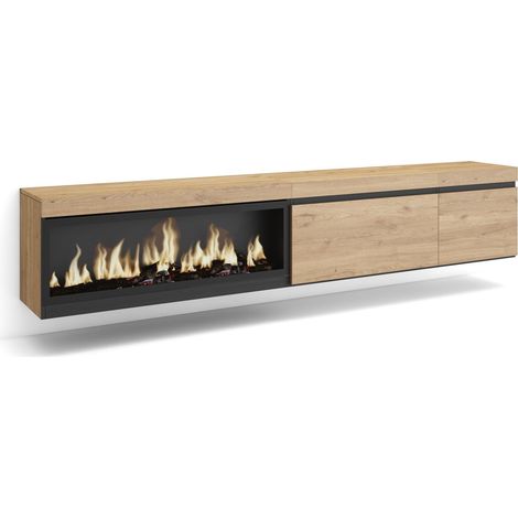 Skraut Home - Mueble TV, Televisión, Muebles de salón, almacenaje, 237x45x35 cm, Para TV gran formato, Chimenea eléctrica XXL, Colgado, Suspendido, Estilo Moderno, Roble (1/5)