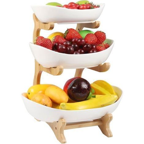 Présentoir à fruits à 3 étages, Corbeille a Fruits avec support en bois résistant, Plateaux de Service pour Gâteaux Fruits Dessert (1/5)