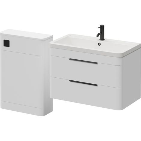 Oslo Gloss White 1350mm Wall Mounted Vanity Unit Toilet Suite with Anya Basin - 1350mm - Matt Black 300mm Finger PullWithout Jubilee Toilet Pan
