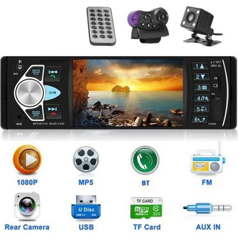 Autoradio Bluetooth Lecteur MP5 Bluetooth de voiture HD 4.1 pouces mains libres radio FM TF USB AUX avec télécommande+caméra