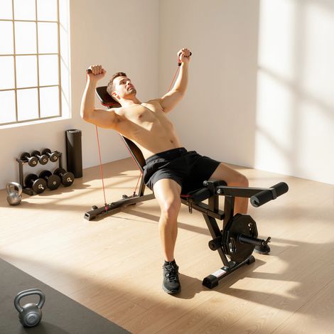 Banque de musculation 3‑en‑1 charge 300 kg, roulettes, extension jambes, pupitre curl, appui‑tête et bandes de résistance (1/5)
