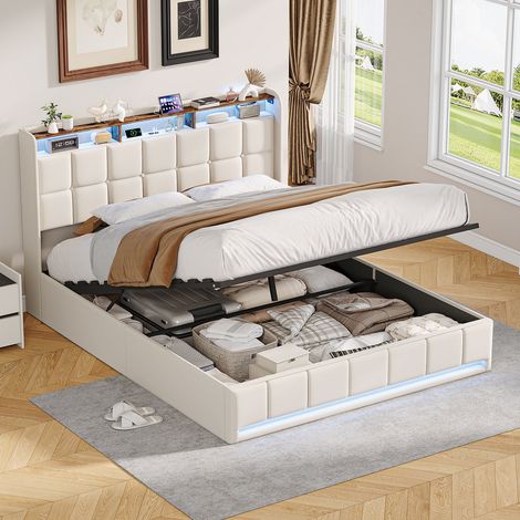 Stauraumbett 160x200 cm mit Lattenrost, 2-Personen Bett mit LED, 160x200 cm Bett mit USB & Typ-C Anschlüssen, gepolstertes Doppelbett Leinen Beige (1/5)