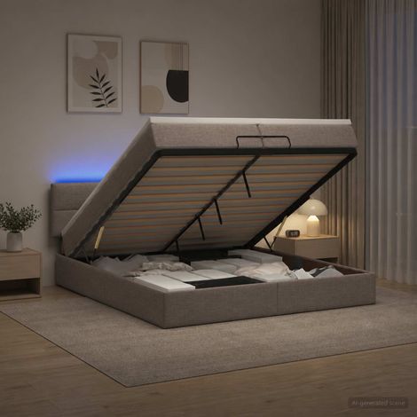 vidaXL Lit coffre avec matelas et LED Taupe 200 x 200 cm Tissu (1/5)