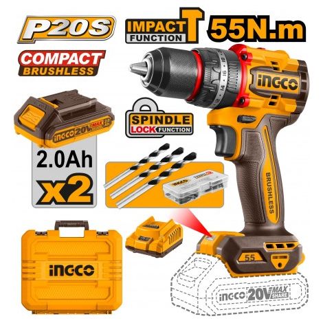 TRAPANO COMPACT BRUSHLESS 55Nm C/2 BATTERIE IN VALIGETTA INGCO