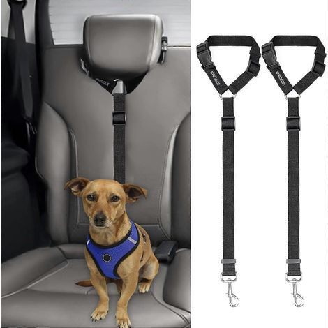 Lot de 2 sangles de sécurité pour chien et chat, fixation appuie-tête, réglables, en nylon, harnais de sécurité pour véhicule (1/5)