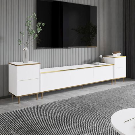 Mobile Porta tv Cortin, 2 Ripiani, 5 Ante, con Finiture oro, 260x35x45h cm Bianco (1/5)