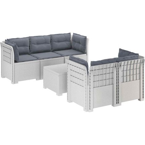 Canapé de jardin cinq places avec coussins, extérieur en rotin, matériau PP, blanc. (1/5)