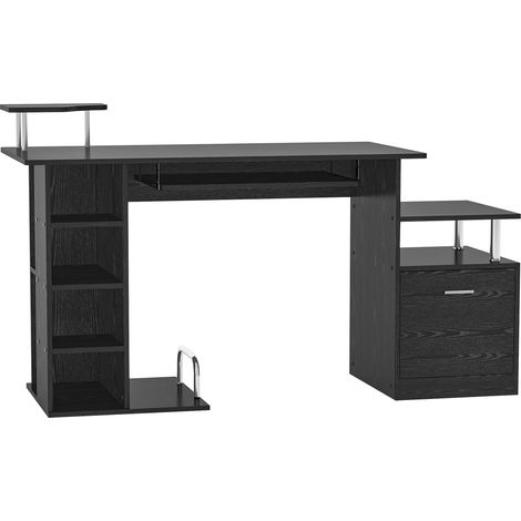 Bureau avec 6 étagères, tiroir, plateau clavier, supports écran imprimante 152x60x88 cm Noir