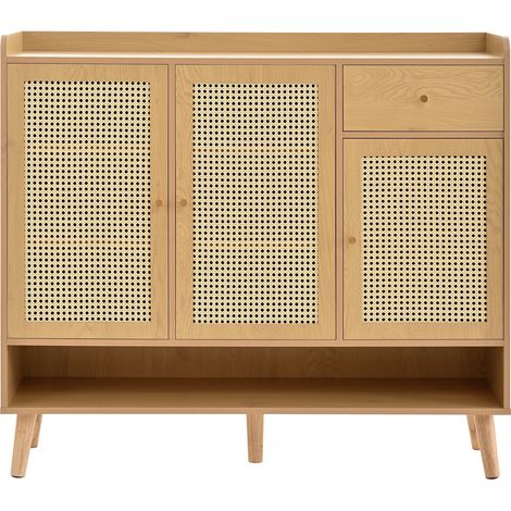 Meuble Chaussures Rotin Naturel, 3 Portes 1 Tiroir 5 Étagères, Pieds Bois B120×h106×t35 Cm (1/5)